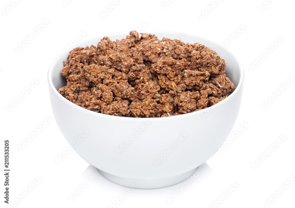 White bowl with natural organic granola cereal White bowl with natural organic granola cereal