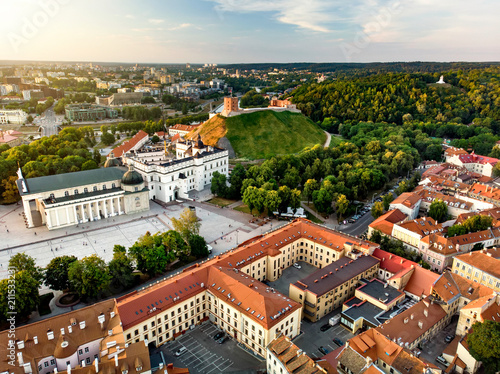 Aerial view of Vilnius Old Town, one of the largest surviving medieval old towns in Northern Europe. Sunset landscape of UNESCO-inscribed Old Town of Vilnius, the heartland of the city.