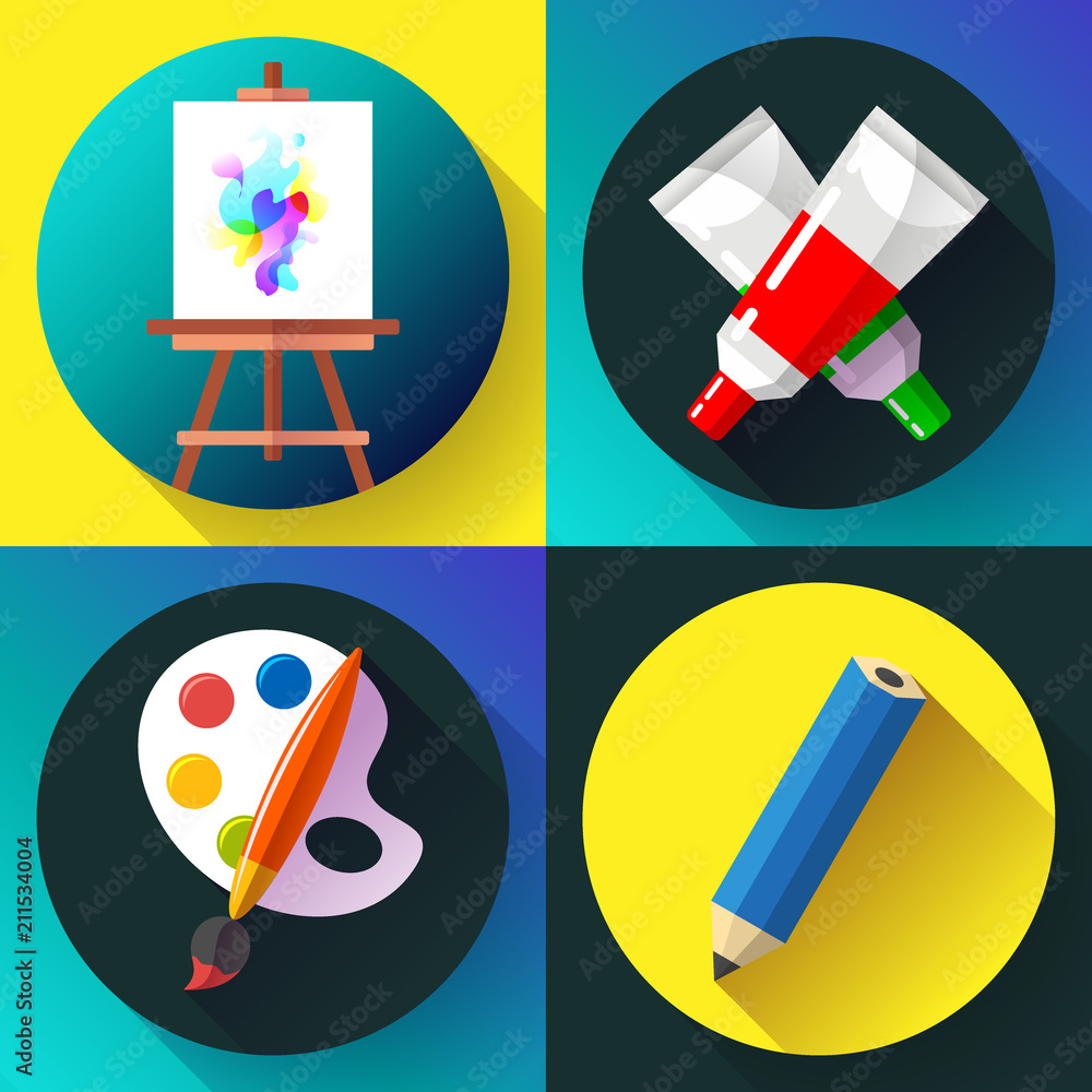 Fine arts icon set vector illustrations - easel with paint, brush and tube of paint with pencil Fine arts icon set vector illustrations - easel with paint, brush and tube of paint with pencil