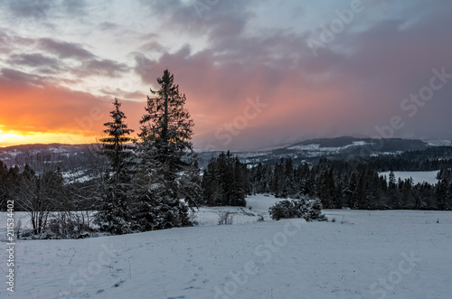 Winter mountain sunrise, Little Poland landscape