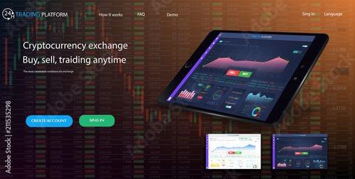 Web site template. Forex market, news and analysis. Binary option. Application screen for trading. Candles and indicators.  UI for business app. 