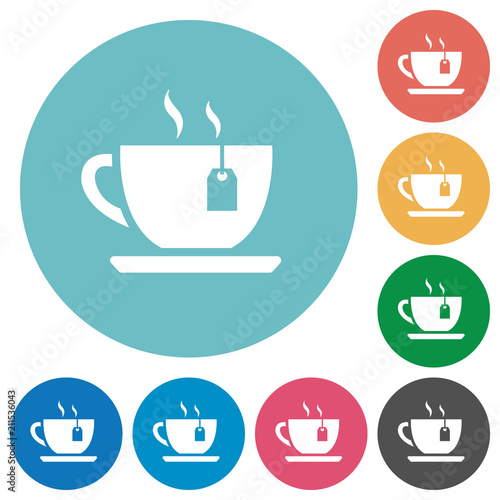 Cup of tea with teabag flat round icons