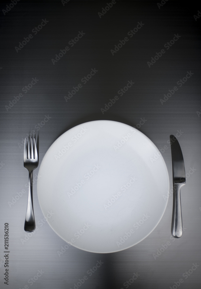 Modern Plate and Silverware on Stainless Steel Table