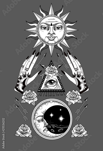 An ancient astronomical illustration of the sun, the moon, the stars, the rose, the eye 