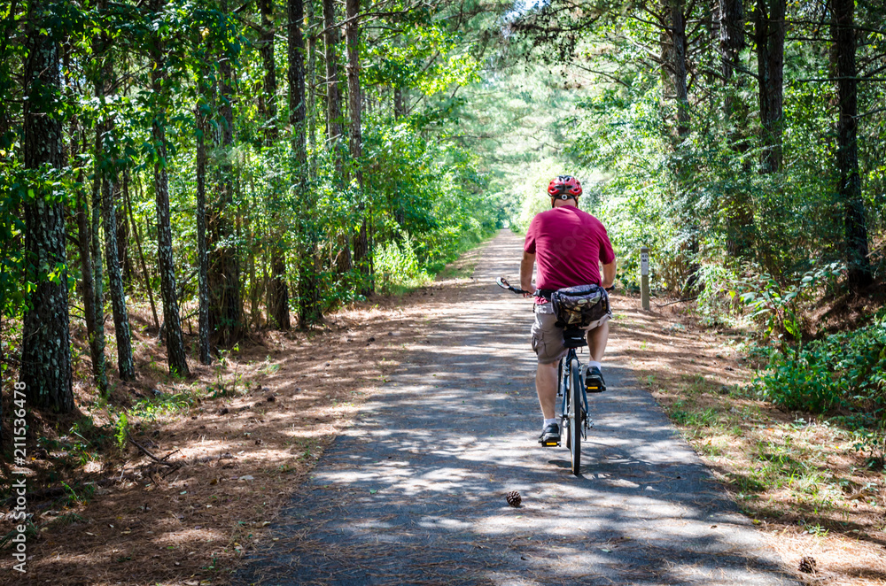Adult senior man riding a bicycle on a trail through the forest. Fun recreational outdoor activity and exercise of biking. Enjoying the outdoors during relaxing vacation. Adult senior man riding a bicycle on a trail through the forest. Fun recreational outdoor activity and exercise of biking. Enjoying the outdoors during relaxing vacation.