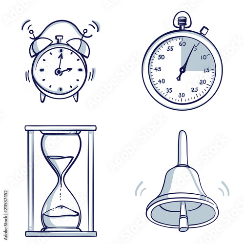Set of desktop Alarm clock, stopwatch, hourglass, bell. Isolated object. Hand drawn doodle cartoon vector illustration.