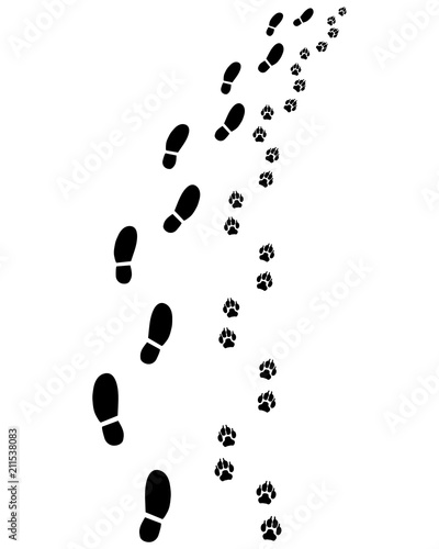 Footprints of man and dog, turn right, vector