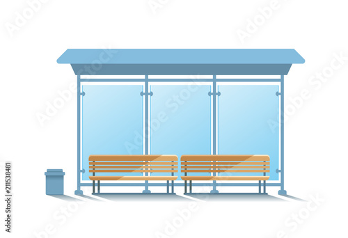 Modern glass bus stop with benches for passengers. Vector. Flat style.