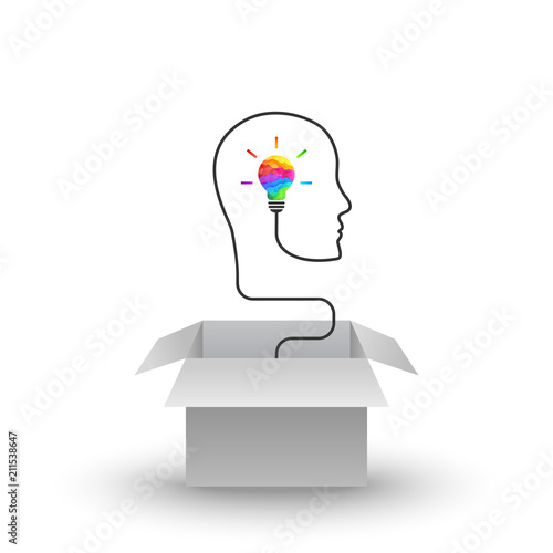 Out of the box thinking concept with open gray cardboard box, colorful lightbulb and wire forming head silhouette. Vector illustration on white background.