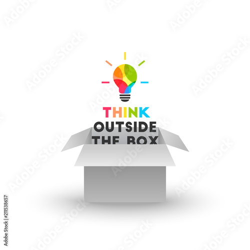 Think outside the box concept with colorful light bulb and text emerging out of gray cardboard box