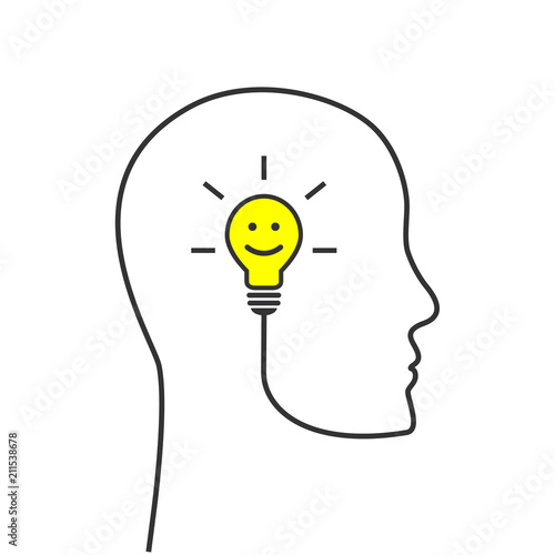 Smiling lightbulb with head silhouette made of wire as positive thinking, optimism and happiness concept