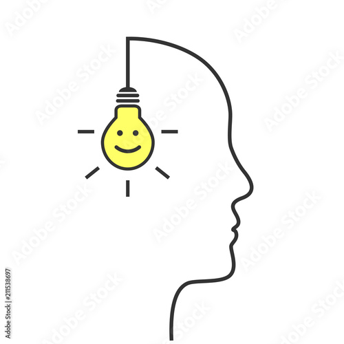 Light bulb with smiley face and profile outline made of wire as positive thinking, happy attitude and good idea concept