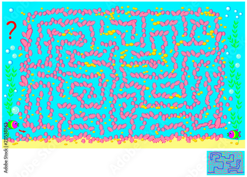 Logic puzzle game with labyrinth for children and adults. Help the fish find the way to the friend among the sea corals. Vector cartoon image. photo