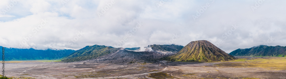 Panoramic view of Mount Bromo (Gunung Bromo), is an active volcano and part of the Tengger massif from East Java, Indonesia