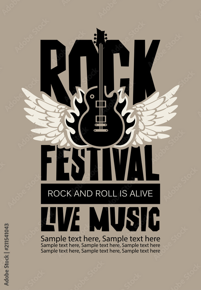 Fototapeta premium Vector poster or banner for Rock Festival of live music with an electric guitar, wings, fire and place for text. Rock and roll is alive