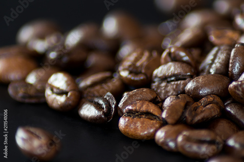 Coffee Beans On Dark Background. Macro Photography