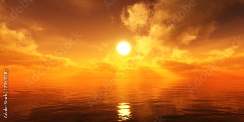 Beautiful sea sunset. The sun is among the clouds over the water. Light over the ocean. 3D rendering 