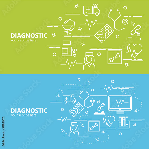 Flat colorful design concept for Diagnostics. Infographic idea of making creative products..Template for website banner, flyer and poster.