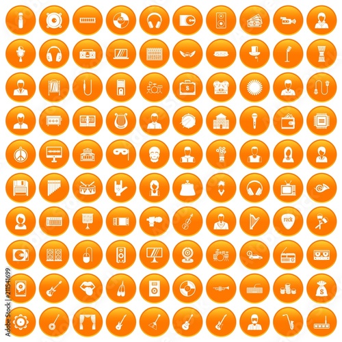 100 music icons set in orange circle isolated on white vector illustration