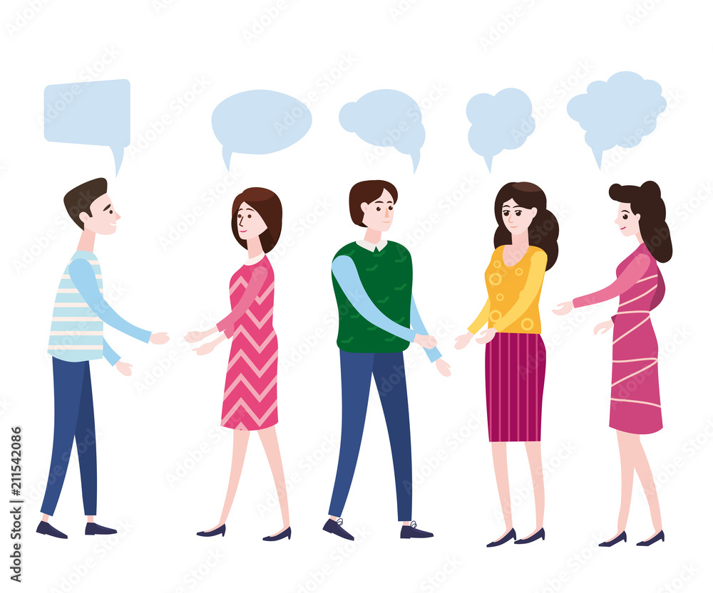 Fototapeta premium Vector illustration, modern cartoon style, businessmen discuss social network, news, social networks, chat, dialogue speech bubbles, characters, isolated