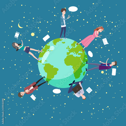 Young people teenagers men and girls communicate in social networks, smartphones, chat rooms, instant messengers, worldwide, concept, vector, illustration, isolated
