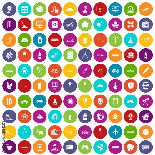 100 development icons set in different colors circle isolated vector illustration