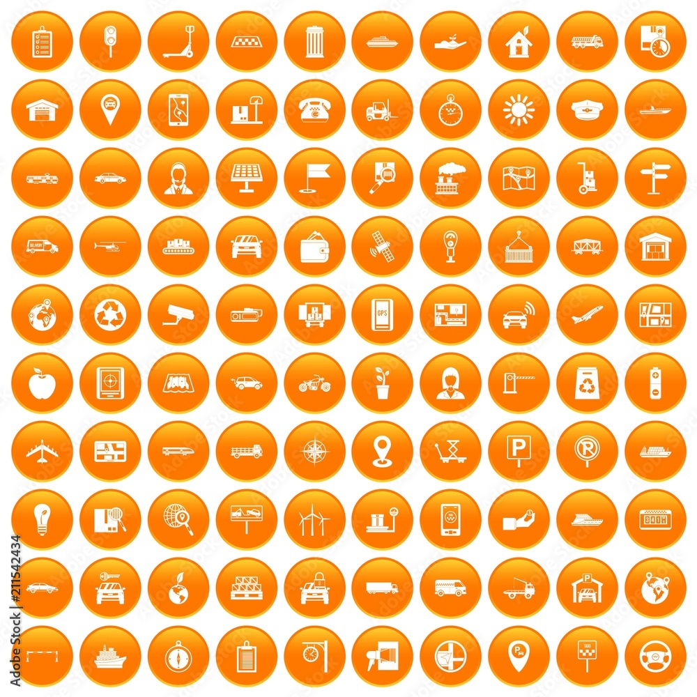 100 navigation icons set in orange circle isolated on white vector illustration