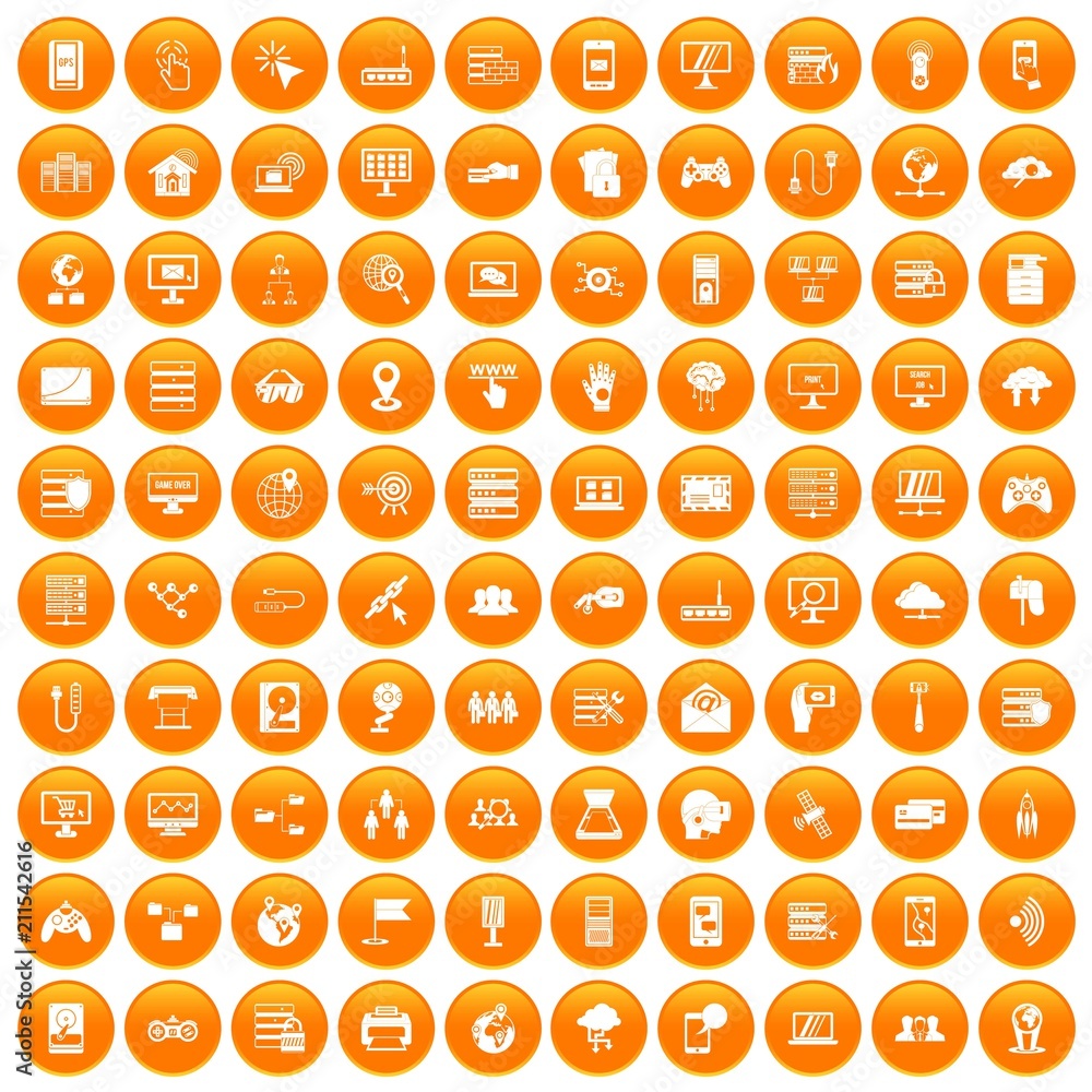 100 network icons set in orange circle isolated on white vector illustration 100 network icons set in orange circle isolated on white vector illustration
