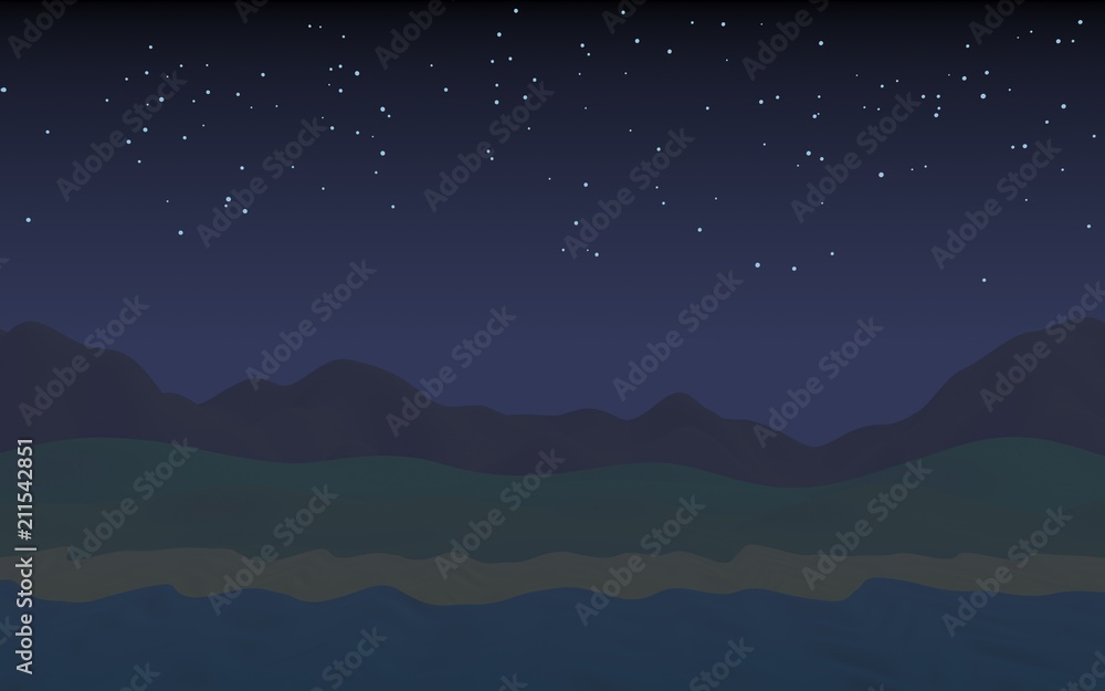 Starry moonless sky. Ocean shore line with waves on a beach. Island beach paradise with waves. Vacation, summer, relaxation. Seascape, seashore. Minimalist landscape, primitivism. 3D illustration Starry moonless sky. Ocean shore line with waves on a beach. Island beach paradise with waves. Vacation, summer, relaxation. Seascape, seashore. Minimalist landscape, primitivism. 3D illustration