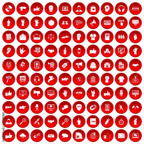 100 different gestures icons set in red circle isolated on white vectr illustration