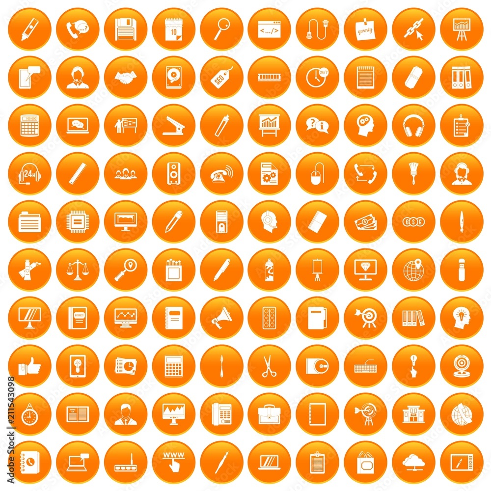 100 office work icons set in orange circle isolated on white vector illustration 100 office work icons set in orange circle isolated on white vector illustration