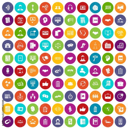 100 discussion icons set in different colors circle isolated vector illustration