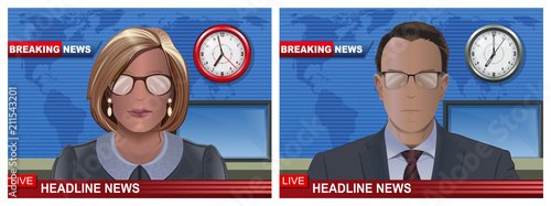 Breaking news banners set with male and female speakers in the studio. Man and woman silhouettes news anchor. News background collection. Vector illustration