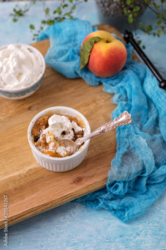Individual Peach Cobbler in Ramekins; Homemade; Topped with Whipped Cream