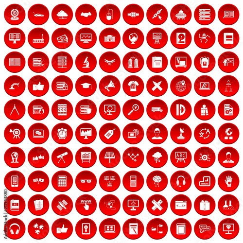 100 education technology icons set in red circle isolated on white vectr illustration