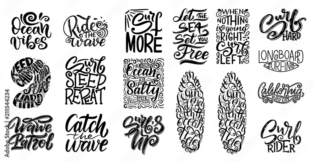 Set of Surf lettering quotes for posters, prints, cards. Surfing related textile design. Vintage illustration. - obrazy, fototapety, plakaty 