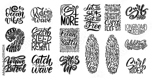 Set of Surf lettering quotes for posters, prints, cards. Surfing related textile design. Vintage illustration.