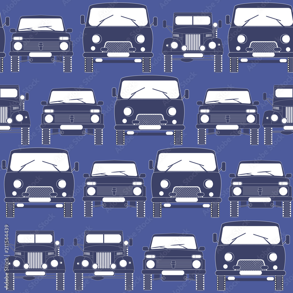Old Russian cars off-road front view, seamless vector illustration Old Russian cars off-road front view, seamless vector illustration