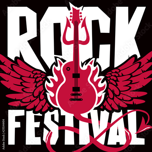 Plakat Wektor plakat lub baner na festiwal rockowy z gitara elektryczna, skrzydła, ogień i diabeł trójząb na czarnym tle