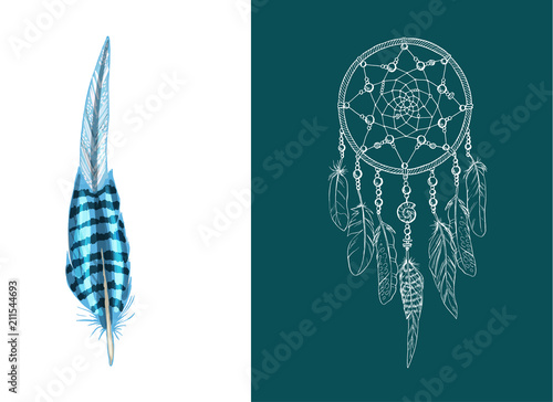 Set of design and decor elements. Detailed colored feather close up isolated on white background. Hand drawn ornate ethnic dream catcher on a green background. Vector illustration.