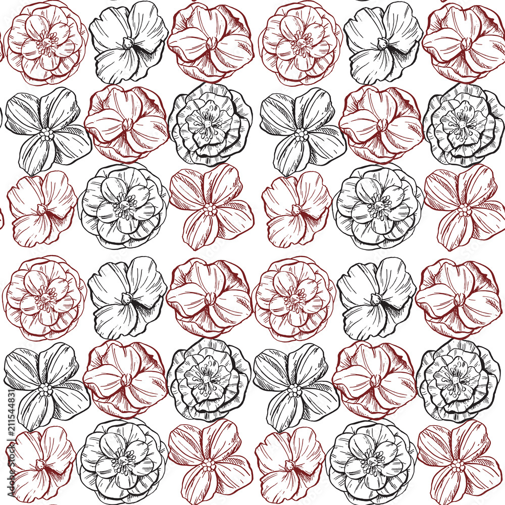 Backdrop with hand drawn contour flowers. Various buds. Floral vector seamless pattern. Backdrop with hand drawn contour flowers. Various buds. Floral vector seamless pattern.
