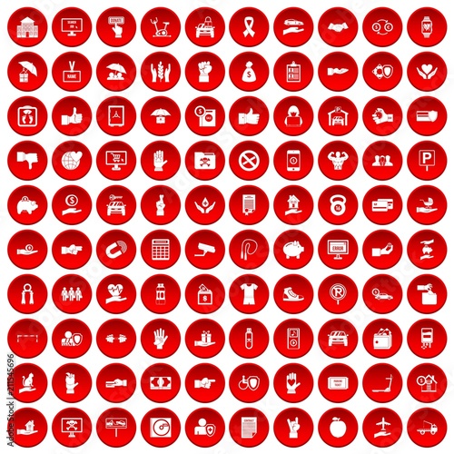 100 hand icons set in red circle isolated on white vectr illustration