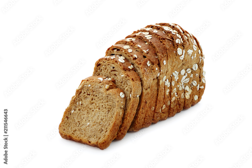 black bread with oat flakes on white background isolated