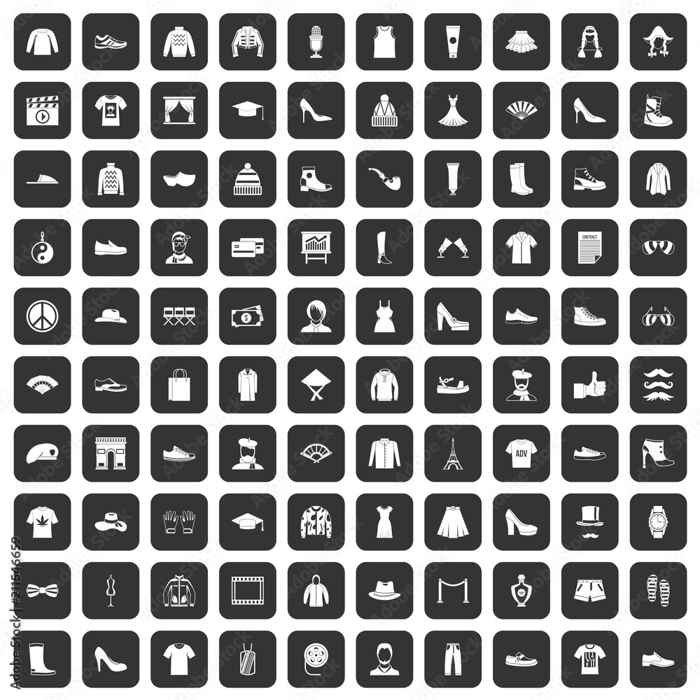 100 fashion icons set in black color isolated vector illustration