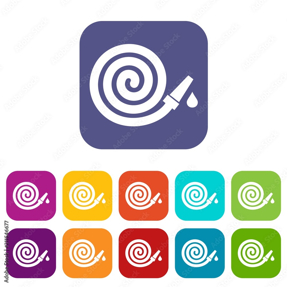Garden hose icons set vector illustration in flat style in colors red, blue, green, and other Garden hose icons set vector illustration in flat style in colors red, blue, green, and other