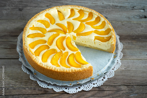 Peach cheesecake on a plate