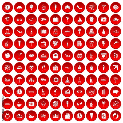 100 honeymoon icons set in red circle isolated on white vectr illustration