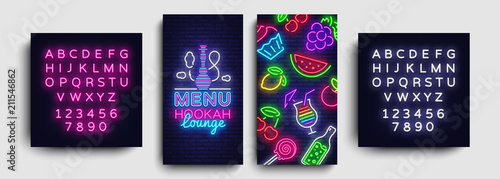 Hookah lounge menu design template vector. Hookah lounge typography modern trend design, vertical banners, nightlife neon advertising hookah. Vector Illustration. Editing text neon sign