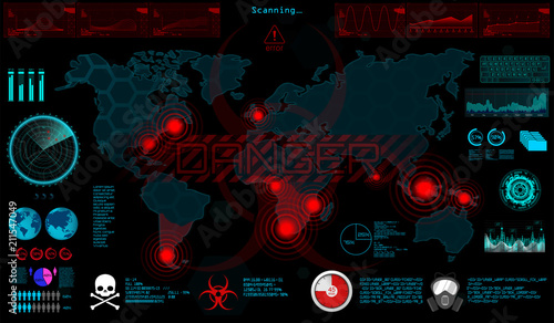 GUI. World Virus in HUD style. The Spreading Virus on The World Map, The Threat of Infection of The World. Otic Infected Areas, Quarantine Zones, Epidemic, Ebola, Apocalipsis. Vector illustration 