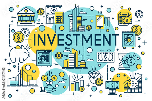 Investment concept thin line style. Business, management, financial planning, finance, banking. Property and finance invest Vector infographic